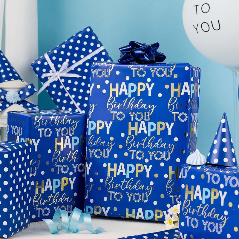 MAYPLUSS ورق تغليف عيد ميلاد سعيد قابل للعكس - 17 بوصة × 33 قدم - ظلال من الأزرق مع حروف عيد الميلاد المعدنية للأولاد هدايا تغليف ورق للأطفال والرجال والآباء لمناسبات العطلات وحفلات استقبال المواليد ويوم الأب - Image 2